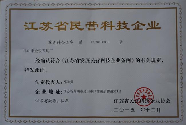豐金銳榮譽資質-江蘇省民營科技企業